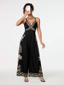 SHEIN PETITE Women's Floral Print Bohemian Style Jumpsuit - Black - View 7