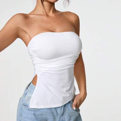 솔리드 컬러 비대칭 헴 러쉬드 밴대 탑