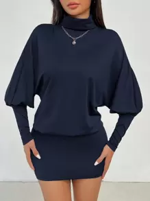 SHEIN PETITE 女式时尚高领蝙蝠袖露背紧身迷你连衣裙