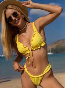 Swim Vcay Set de 2 piezas de ropa de playa de verano para mujer, Top corto con tirantes de jacquard amarillo y bikini de tanga