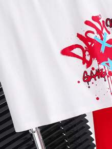 SHEIN Tween Boys Sporty 2 Pieces Set Slogan Graphic Colorful Graffiti Round Neck Short Sleeve T-Shirt And Shorts