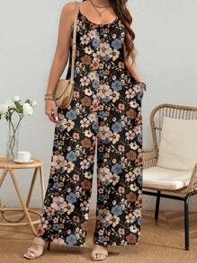 EMERY ROSE Plus Size Floral Print Jumpsuit, Suitable For Summer Suitable For Going Out,Flower/Vacation/Spring - Black - View 3