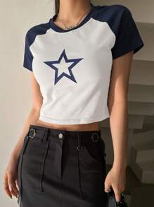 DAZY Star Print Raglan Sleeve Crop Tee Y2k - Blue and White - View 6