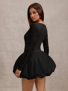 SHEIN BAE Elegant Floral 3D Lace Square Collar Long Sleeve Bodycon Flared Dress, Suitable For Spring/Summer, Ideal For Valentine's Day, Party, Romantic Date, Bridesmaid, Wedding, Birthday, Casual Wear, White - Black - View 2