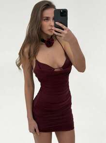 Aloruh Elegant Accordion Pleated Hollow-Out Cross Back Mini Bodycon Slip Dress, Fashionable For Dates - Burgundy - View 5