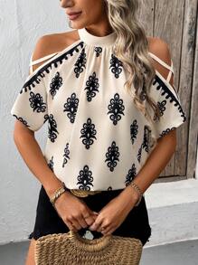 SHEIN Clasi Camiseta de mujer de encaje en color albaricoque con cuello alto hueco y hombros abiertos de diseño elegante y casual - Albaricoque - Ver 3