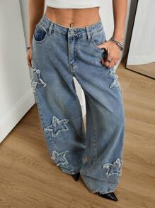 Coolane 女士夏季节日男友风垃圾摇滚运动休闲垃圾摇滚星星图案水洗牛仔裤，狂欢节阔腿牛仔裤宽松牛仔裤女士 - 藍色 - 查看 7