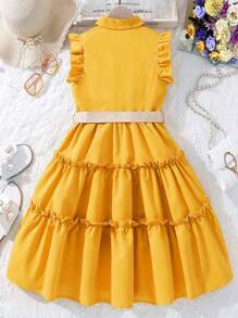 Tween Girl Ruffled Collar Midi Dress With Woven Waist Belt,Holiday,Summer,Travel - Yellow - View 2