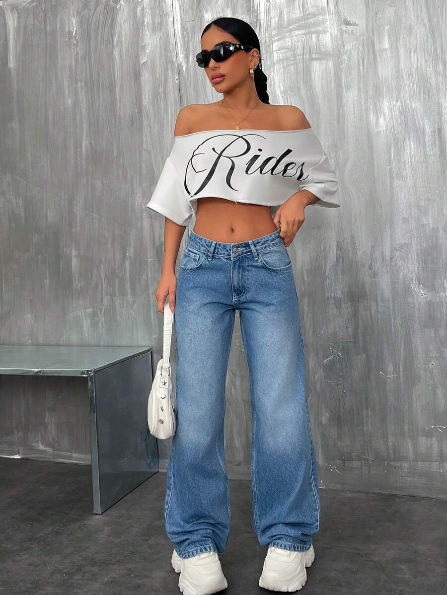 EURMUSE Jeans droits à taille basse minimaliste lavé décontracté - Jean bleu - Voir 1