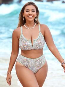 Swim Vcay Ensemble de maillot de bain imprimé 2 pièces, grande taille, maillots de bain bikini de vacances d'été pour femmes
