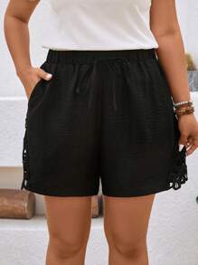SHEIN LUNE Plus Size Women Elegant Lace Hollow Elastic High Waist Drawstring Shorts