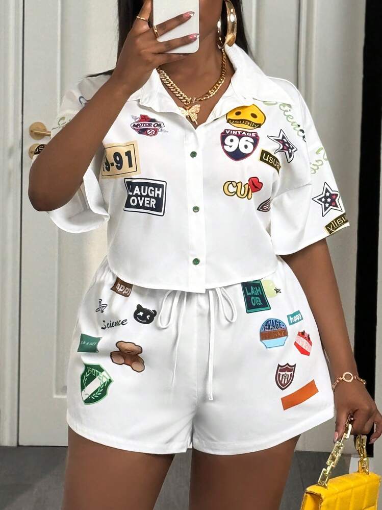 Slaydiva 夏季海滩大码女士休闲和街头服饰春夏两件套，卡通图案印花 - 白色 - 查看 9