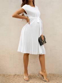 SHEIN Maternity Dress, Solid Color Short Sleeve Round Neck, Minimalist Style Summer Clothing - White - View 7