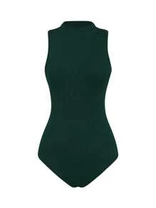 INAWLY Woman's Sleeveless Solid Color Bodysuit, Slim Fit Minimalistic Design, Suitable For Summer - Dark Green - View 4