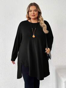 SHEIN CURVE+ 加大码红色不对称下摆长T恤，秋季，情人节