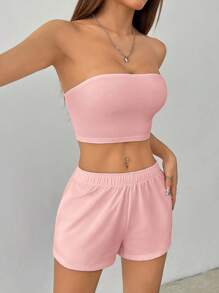 SHEIN PETITE Women's Solid Color Casual Two Pieces Set - Pink - View 6