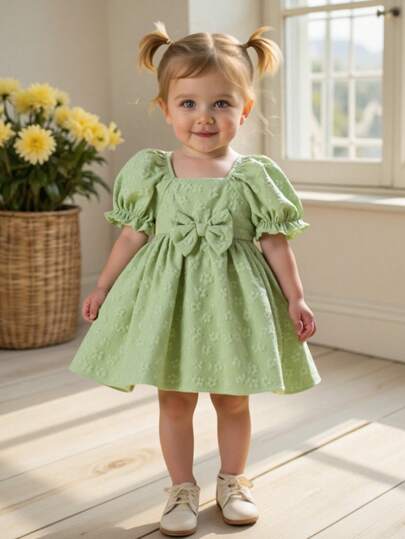 Vintaside Kids Baby Girl Woven Jacquard Puff Sleeve Square Collar Princess Dress With Bow Decoration, Cute & Sweet Style, Summer