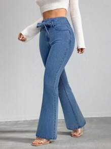 SHEIN Tall Jeans de talle alto con piernas acampanadas y elásticos para mujeres, pantalones vaqueros de talle alto azules para mujeres altas, pantalones para mujeres altas, jeans acampanados para mujeres altas, jeans para mujeres altas en verano