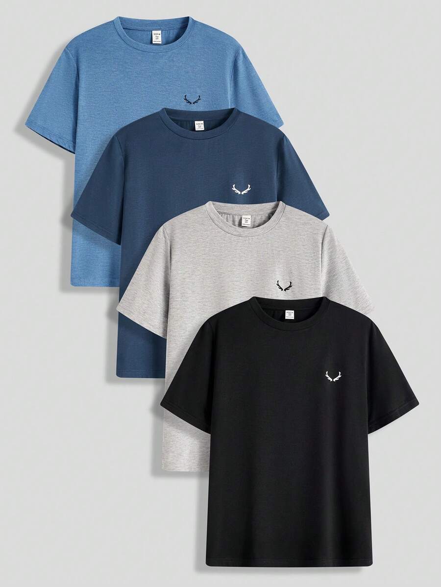 SHEIN 4pcs/Set Teen Boy Casual Solid Color Round Neck Loose Knit Short Sleeve T-Shirt, Multi-Color, School, Campus, College - Black - View 1