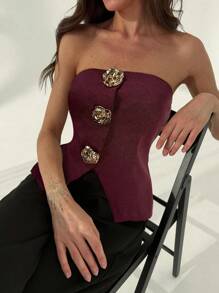 Aloruh 办公室无袖上衣，现代金属纽扣装饰，杏色，女士适用