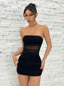 SHEIN EZwear Vestido tubo ajustado mini de mujer con empalme de malla y drapeado en unicolor - Negro - Ver 4