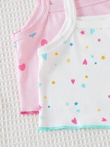 2pcs Young Girl Floral, Star & Heart Print Contrast Trim Camisole With Shorts Pajama Set, Fashionable & Simple Flared Pants Sets Summer Girl Clothes Clothes Summer Holiday Travel Releax Summer Clothes - Multicolor - View 7