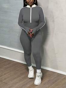 Slaydiva Women's Contrast Color Splice Long Sleeve Jumpsuit - Grey - View 4