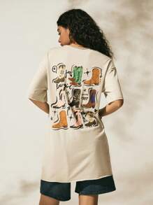 Easelle Áo thun họa tiết bốt cao bồi cổ điển màu mơ đậm phong cách miền Tây dành cho nữ mới 2025, thích hợp cho các lễ hội âm nhạc mùa hè - Màu be - Xem 5