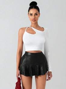 Zolique New Wine Red Textured Leather-Like Fabric Mini Skirt For Women