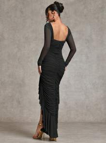 SHEIN BAE Autumn Clothing Long-Sleeved Dress Mesh Dress Ruffle Dress Fishtail Skirt Elegant Tea Break Date Travel Outfit Romantic Sweet Maxi Dress