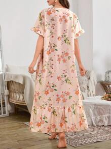 SHEIN Camisón largo con estampado floral, volantes en el bajo y babydoll, lujoso atuendo de estar en casa (Moo Moo)