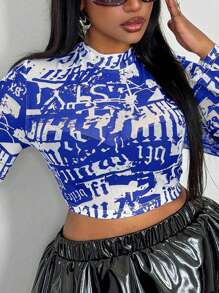 SHEIN MOOSTA Plus Size Women Fashionable Sexy All-Over Print Sheer Mesh Cropped Top - Blue - View 3