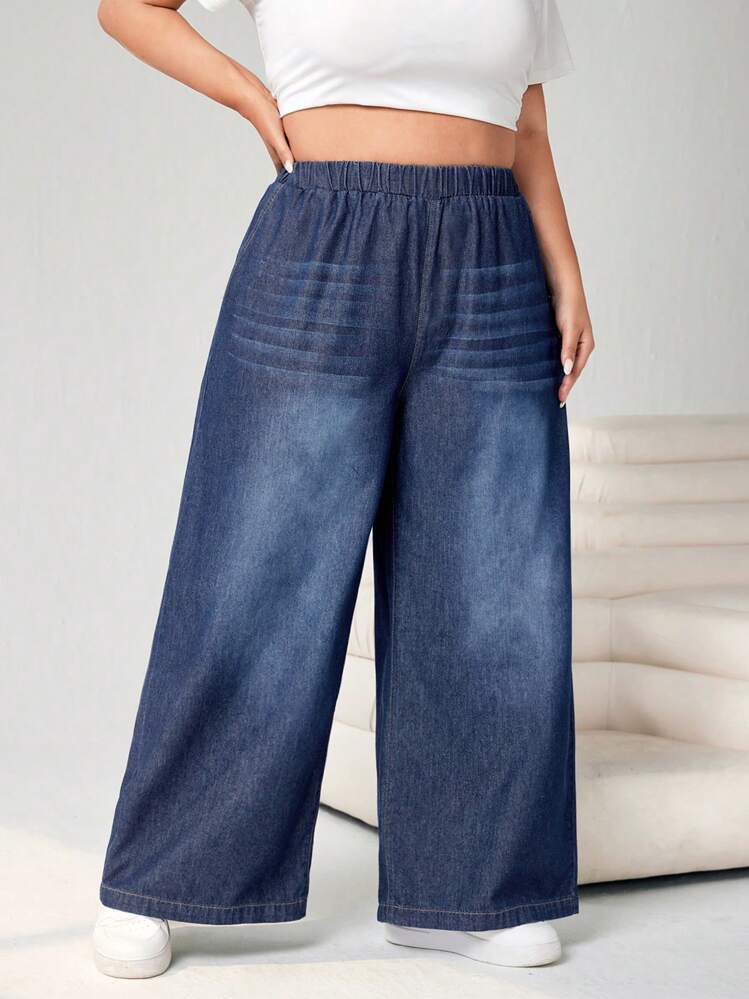SHEIN CURVE+ Plus Size Women's Light-Weight Loose Drawstring Waist Wide Leg Jeans - Dark Wash - View 4