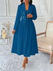 Lyxana Women's Double-Breasted Pleated Suit Skirt Set - Teal Blue - View 4