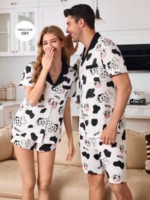 Men's Cute Cow & Letter Print Sleepwear Set - Black and White - View 7