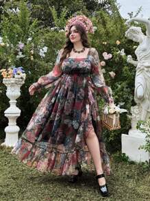 Lyrianda Plus Size Women's Elegant Sweet Ruffle Hem Square Neck Long Dress, Vacation, Spring/Summer