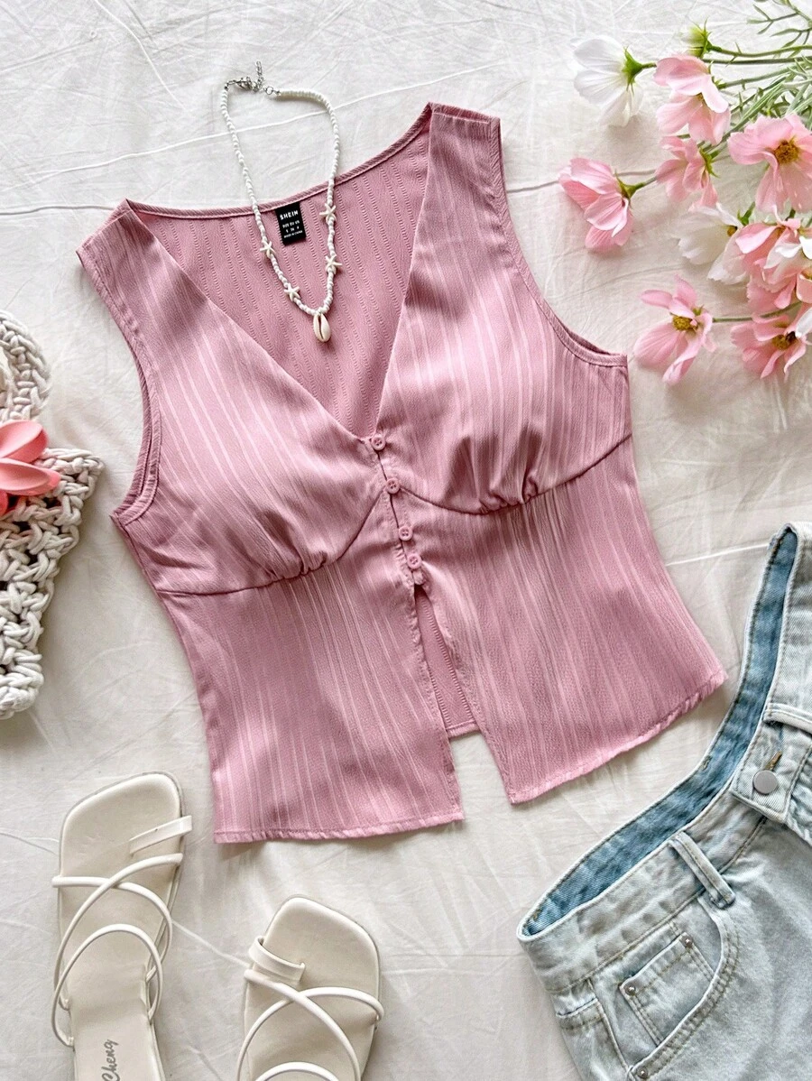 Soleia WYWH Kỳ nghỉ dành cho nữ DU LỊCH Màu trắng họa tiết thông thường xếp nếp Deep V Tank Top cho mùa hè - Bụi hồng - Xem 1
