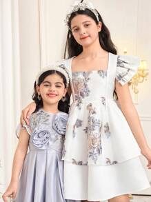 SHEIN Vestido de fiesta para niña preadolescente con jacquard floral, malla, diseño de peplum y volantes en capas, hilos metálicos, elegante, informal para vacaciones, fiesta blanca, vestido de princesa, para fiesta de cumpleaños, festival, Día de San Valentín