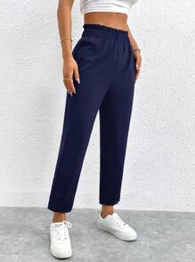 SHEIN PETITE Pantaloni a vita elastica a vita alta e gamba corta, di colore unito, minimalista e di stile