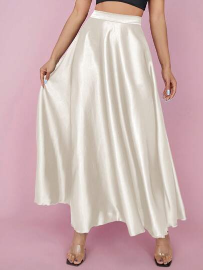 SHEIN PETITE 高腰纯色喇叭形派对女式半身裙