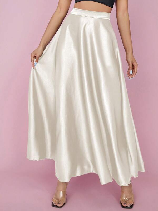 SHEIN PETITE High Waist Solid Flared Party Women Skirt