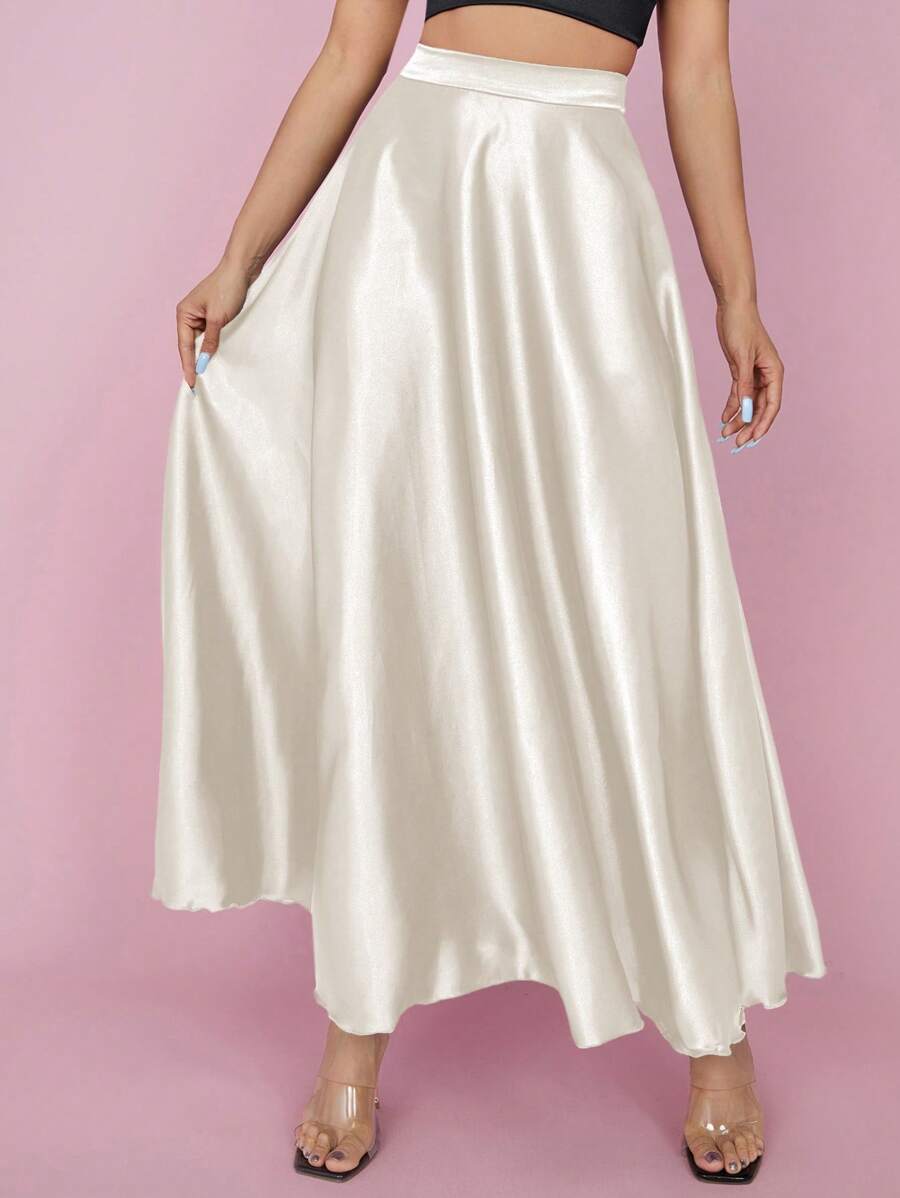 SHEIN PETITE High Waist Solid Flared Party Women Skirt - Beige - View 1