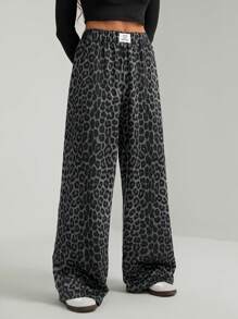 SHEIN Tall Women Leopard Print Casual Lounge Pants - Dark Grey - View 4