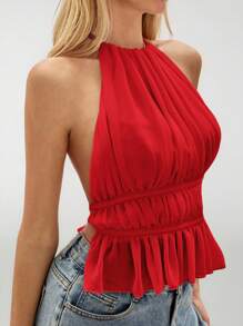 SHEIN PETITE Women's Pleated Halter Neckline Waist-Tied Backless Tank Top - Burgundy - View 8