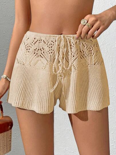 SHEIN Swim Springbreak Vacation Casual Solid Color Hollow Out Knit Cover Up & Shorts Set