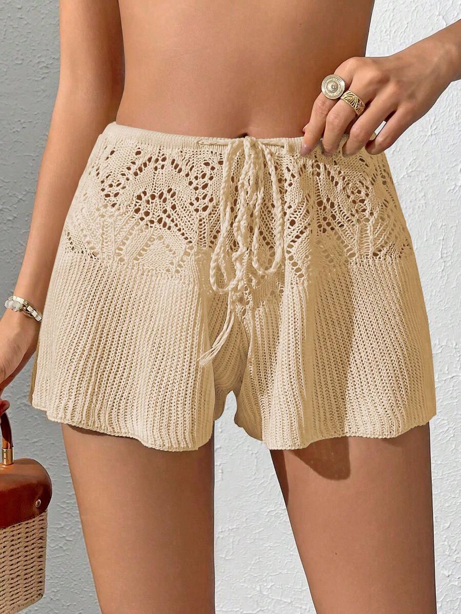 SHEIN Swim Springbreak Vacation Casual Solid Color Hollow Out Knit Cover Up & Shorts Set