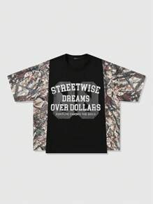 ROMWE MEN Street Life Men's Loose Crop Tee With Camo Branch Print And Slogan, Patchwork Design - Multicolor - View 1