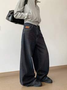DAZY 女式口袋宽松阔腿休闲百搭牛仔裤，返校服装 - 中等水洗藍 - 查看 2