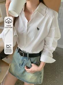 DAZY 女式秋季马图案落肩长袖单排扣休闲宽松衬衫，秋季女装 - 白色 - 查看 1