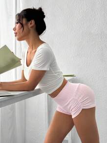 SHEIN EZwear Pantalones cortos casuales de verano de punto rosa claro con plisados ajustados